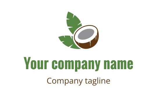 Modern coconut logo design with green leaves and a brown shell