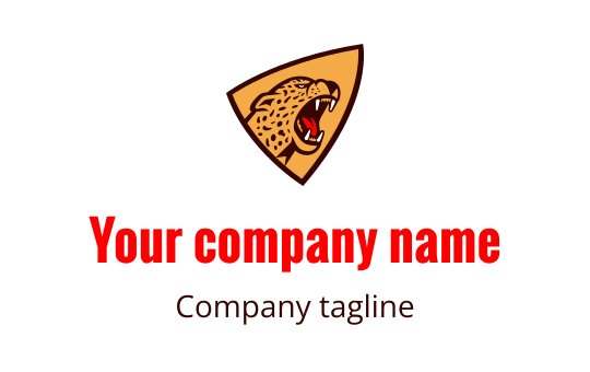 Bold leopard head logo design in a triangular brown shield
