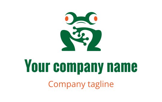 Playful green frog logo design with vibrant orange accents