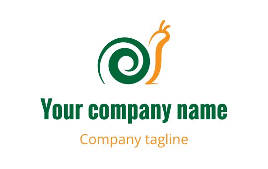 Playful snail logo design with green spiral and orange accents
