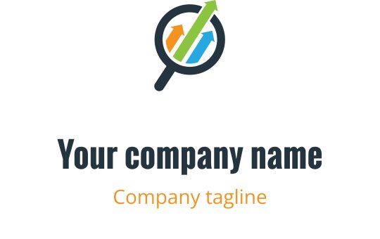 Modern logo design featuring a magnifying glass with colorful upward arrows
