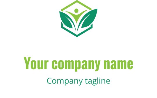 Modern logo design featuring a green hexagon with leaves and a human figure