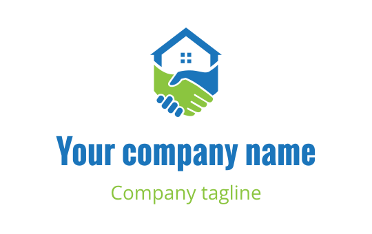 Modern logo design featuring a house and handshake in blue and green