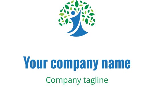 Modern logo design featuring a stylized tree with green leaves and a blue figure