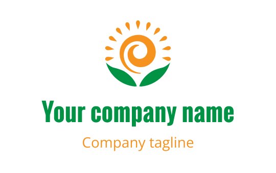 Modern logo design featuring a sun and spiral flower with green leaves