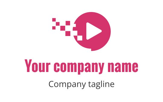 Modern pink logo design featuring a play button and pixel elements