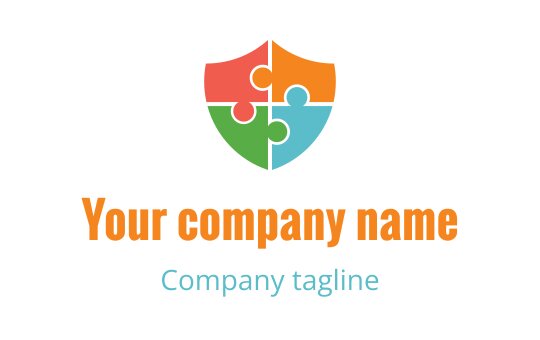 Colorful shield logo design featuring puzzle pieces in orange, green, and blue