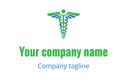 Modern medical logo design featuring a caduceus with green and blue elements