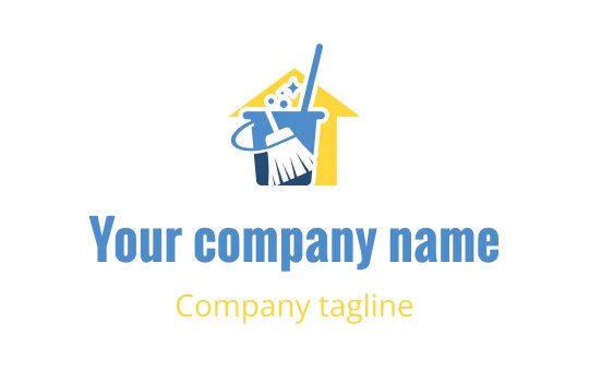 Clean and modern logo design featuring a house, broom, and bucket