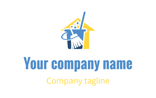 Clean and modern logo design featuring a house, broom, and bucket
