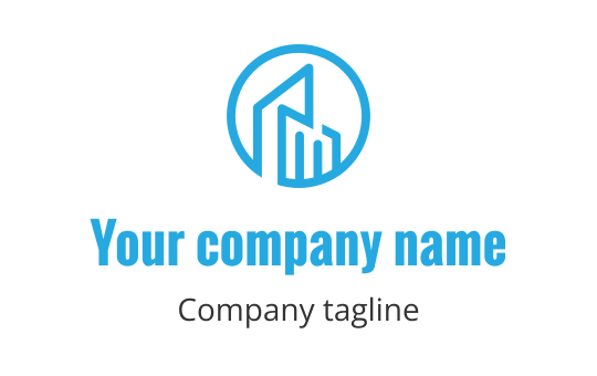 Modern blue logo design featuring abstract building shapes within a circle