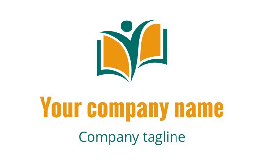 Open book logo design with a person figure in teal and orange