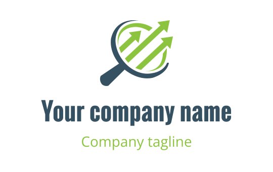 Modern logo design featuring a magnifying glass and upward arrows in green and blue
