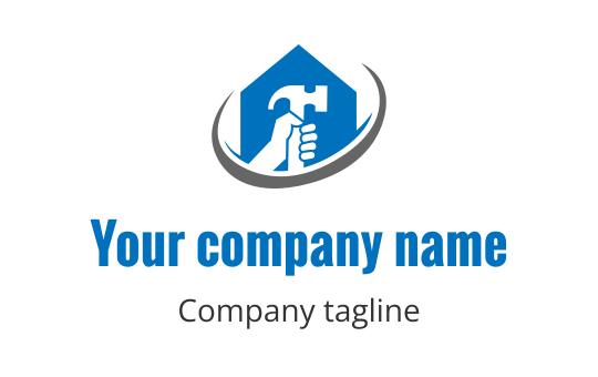 Modern logo design featuring a hand holding a hammer inside a blue house shape