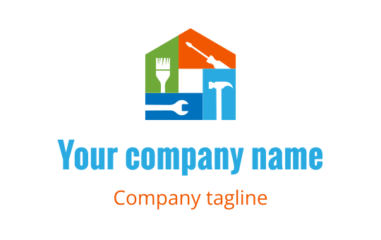 Colorful house logo design featuring tools and a paintbrush