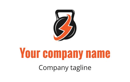 Bold logo design featuring a kettlebell and lightning bolt in orange and black