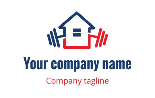 Modern logo design featuring a house and barbell in red and blue