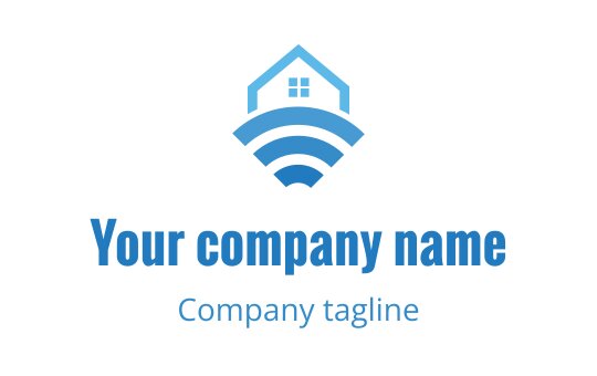 Modern blue logo design featuring a house and signal waves