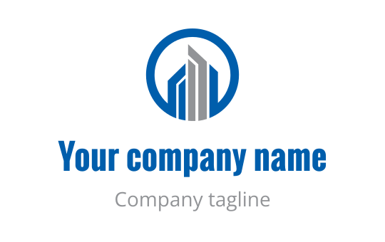 Modern logo design featuring stylized buildings within a circular blue outline