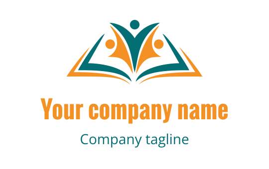 Colorful logo design featuring abstract figures above an open book