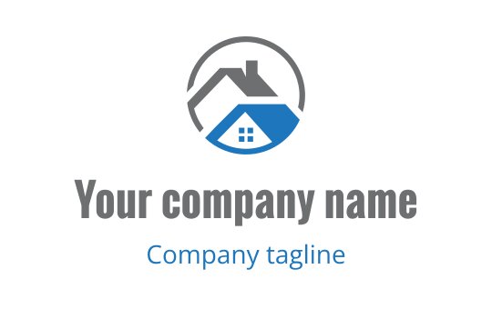 Modern house logo design featuring a blue roof and circular outline