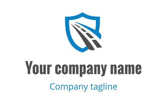 Shield logo design featuring a road in black and blue tones