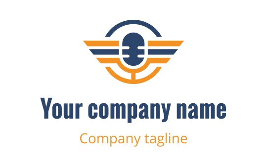 Modern logo design featuring a microphone with wing elements in blue and orange