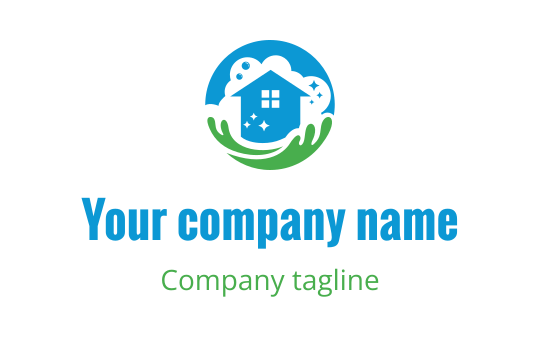 Modern logo design featuring a house surrounded by green hands and blue elements