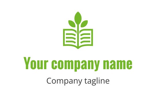 Modern logo design featuring an open book with green leaves emerging