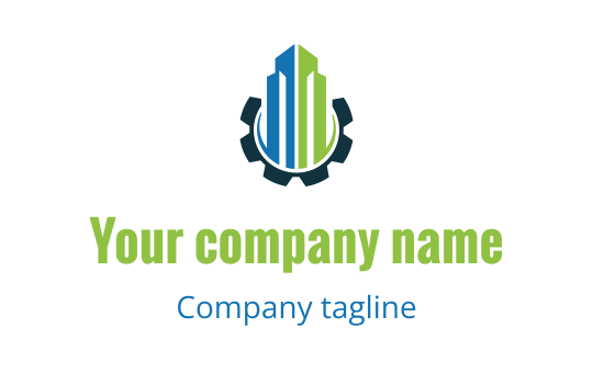 Modern logo design featuring a blue and green skyscraper within a gear shape