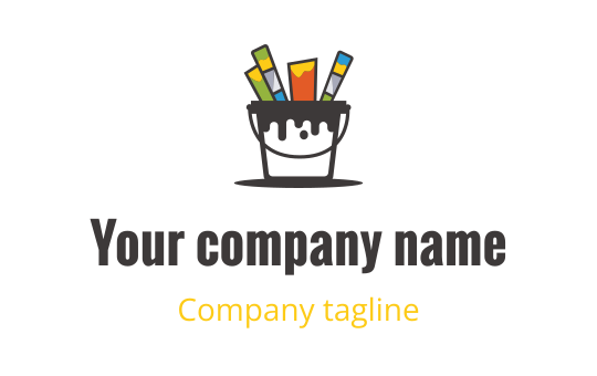 Playful logo design featuring a smiling paint bucket with colorful brushes