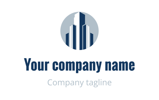 Modern circular logo design featuring blue skyscrapers against a light background