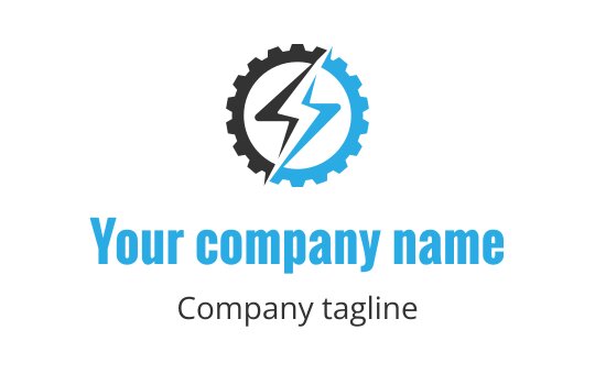 Modern logo design featuring a gear and lightning bolt in blue and black