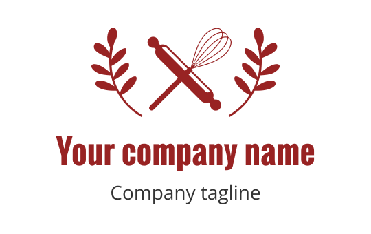 Whisk and rolling pin logo design with red leaves accents