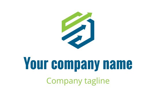 Modern geometric logo design featuring green and blue arrows within a hexagon