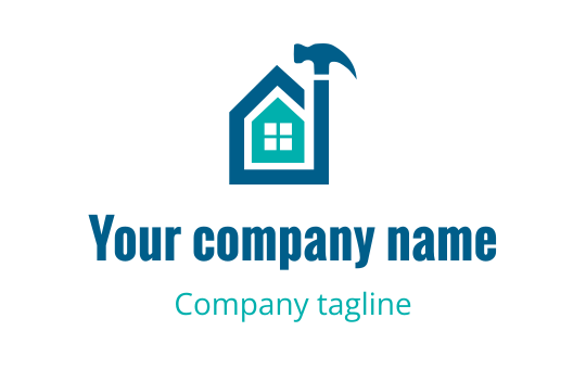 Modern house logo design featuring a hammer and blue accents