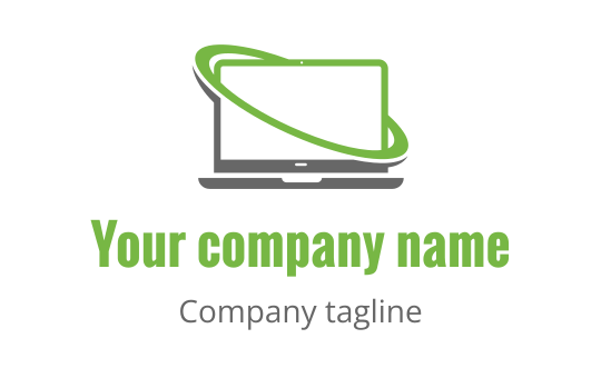 Modern laptop logo design with a green orbiting line