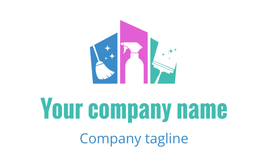 Colorful logo design featuring cleaning tools and a spray bottle