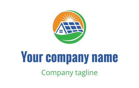 Modern logo design featuring a house with solar panels and a sunburst