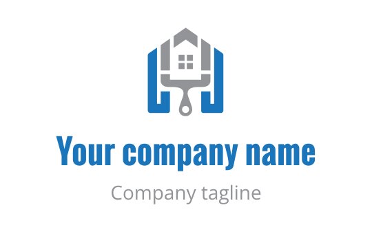 Modern logo design featuring a house and paint roller in blue and gray