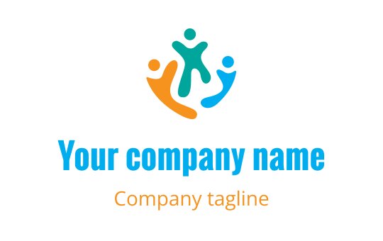 Colorful logo design featuring abstract figures in orange, teal, and blue