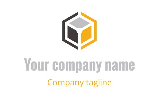 Modern hexagonal logo design featuring a stylized cube in gray and yellow