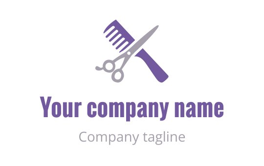 Modern logo design featuring scissors and a comb in purple tones