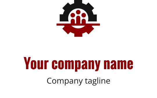 Modern logo design featuring a gear and three figures in red and black