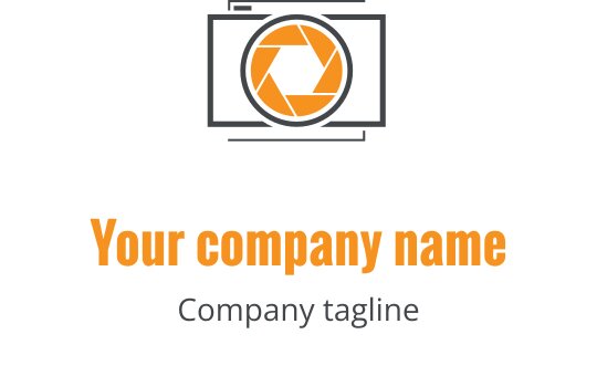 Modern logo design featuring a gray camera lens with orange accents