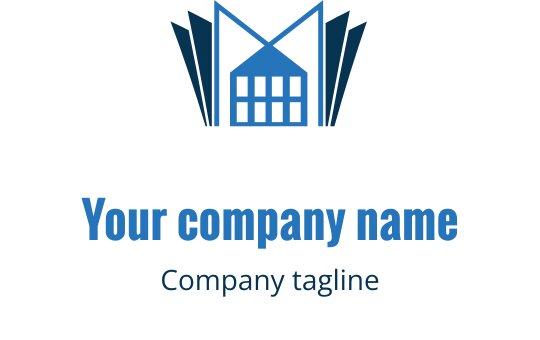 Modern blue logo design featuring a stylized building with angular accents