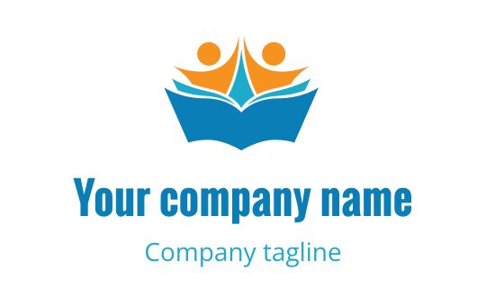 Colorful logo design featuring two abstract figures above an open book