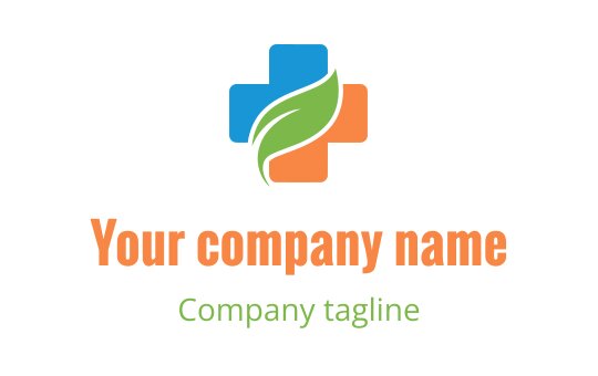 Modern logo design featuring a green leaf and colorful cross elements