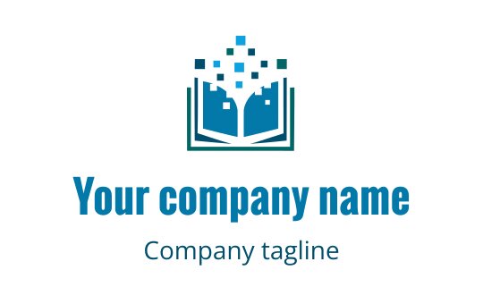 Modern blue logo design featuring an open book with pixel elements
