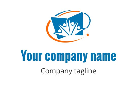 Creative blue book logo design with abstract figures and orange accents